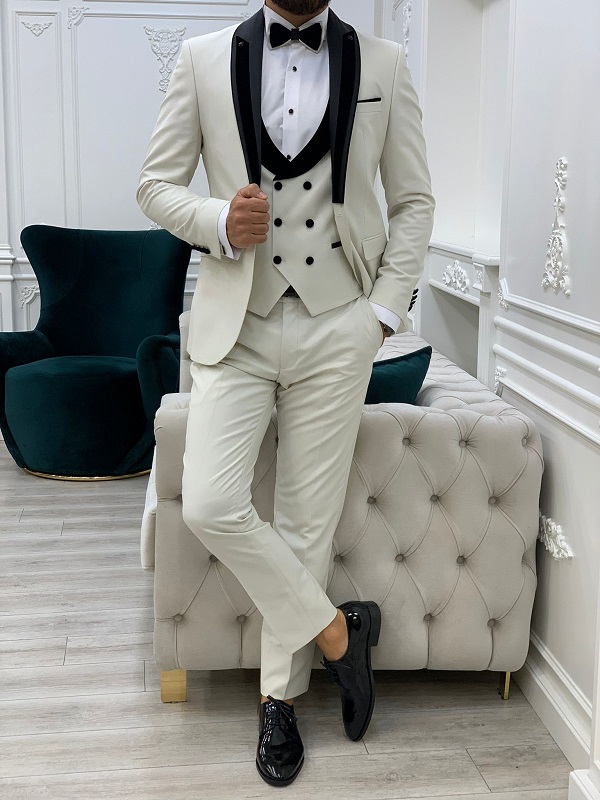 Off White Slim Fit Shawl Lapel Tuxedo for Men by GentWith.com with Free Worldwide Shipping