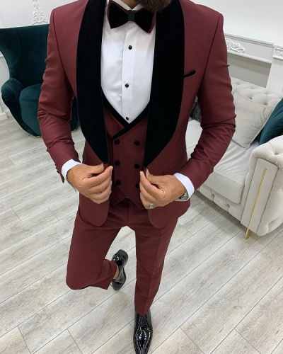 Burgundy Slim Fit Velvet Shawl Lapel Tuxedo for Men by GentWith.com with Free Worldwide Shipping