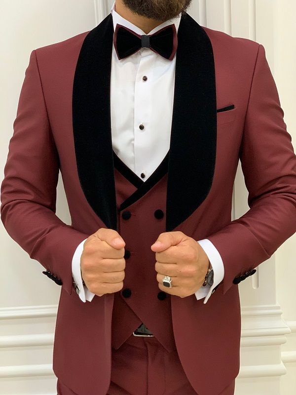 Burgundy Slim Fit Velvet Shawl Lapel Tuxedo for Men by GentWith.com with Free Worldwide Shipping