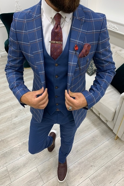 Blue Slim Fit Peak Lapel Plaid Suit