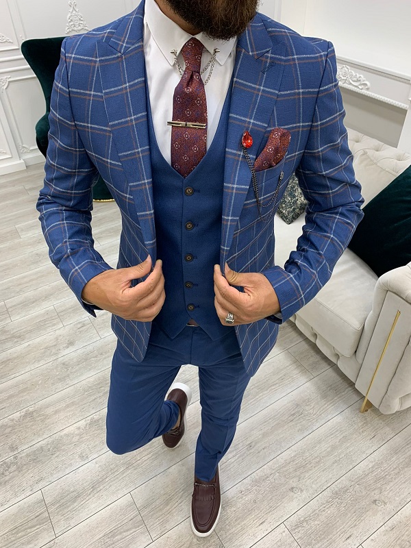 Blue Slim Fit Peak Lapel Plaid Suit by GentWith | Worldwide Shipping