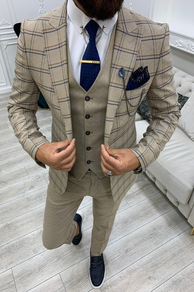 Cream Slim Fit Peak Lapel Plaid Suit