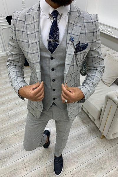 Gray Slim Fit Peak Lapel Plaid Suit for Men by GentWith.com with Free Worldwide Shipping