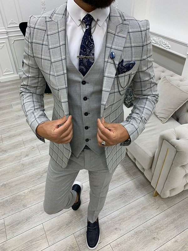 Gray Slim Fit Peak Lapel Plaid Suit by GentWith | Worldwide Shipping