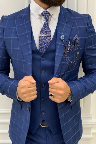 Indigo Slim Fit Peak Lapel Plaid Suit for Men by GentWith.com with Free Worldwide Shipping