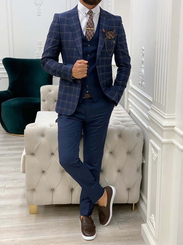 GentWith Alexandria Navy Blue Slim Fit Peak Lapel Plaid Suit