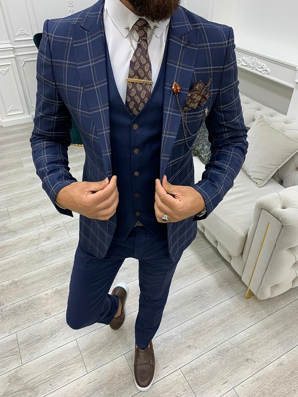 Navy Blue Slim Fit Peak Lapel Plaid Suit for Men by GentWith.com with Free Worldwide Shipping