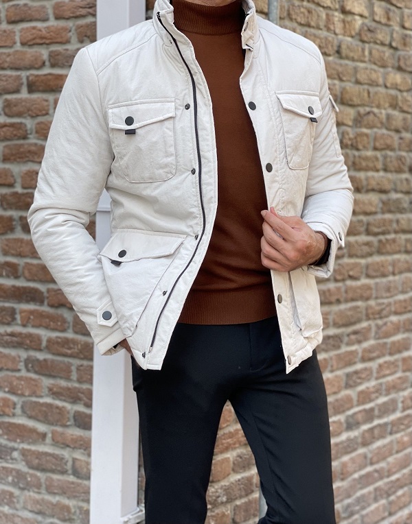 Beige Slim Fit Cotton Jacket for Men by GentWith.com with Free Worldwide Shipping