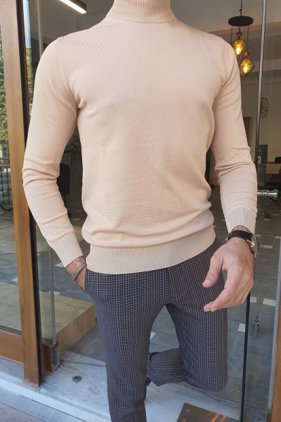 Beige Slim Fit Mock Turtleneck Sweater for Men by GentWith.com with Free Worldwide Shipping