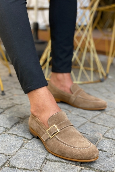 Beige Suede Buckle Loafers for Men by GentWith.com with Free Worldwide Shipping