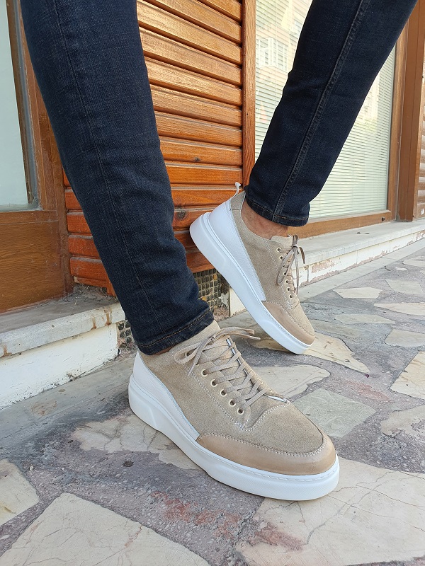 Beige Suede Mid-Top Sneakers for Men by GentWith | Worldwide Shipping