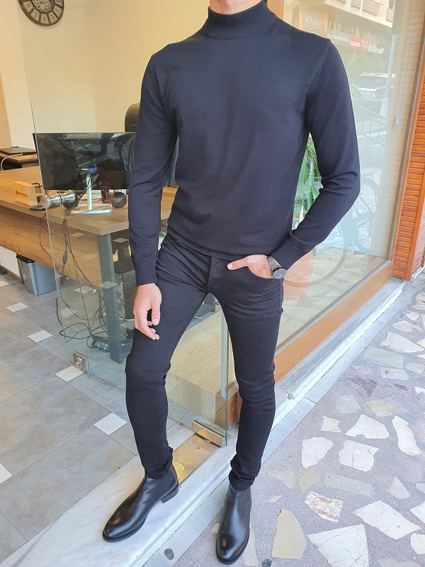 Black Slim Fit Mock Turtleneck Sweater by