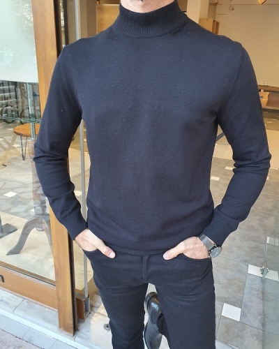 Black Slim Fit Mock Turtleneck Sweater for Men by GentWith.com with Free Worldwide Shipping