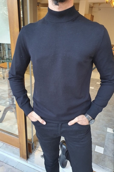 Black Slim Fit Mock Turtleneck Sweater for Men by GentWith.com with Free Worldwide Shipping