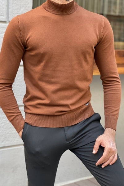 Brown Slim Fit Mock Turtleneck Sweater for Men by GentWith.com with Free Worldwide Shipping