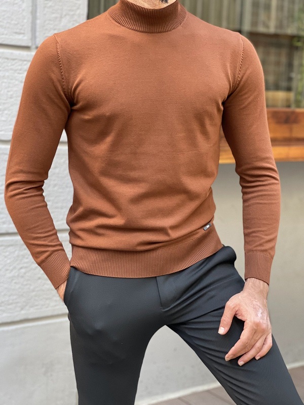 Brown Slim Fit Mock Turtleneck Sweater for Men by GentWith.com with Free Worldwide Shipping