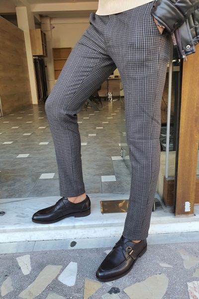 Brown Slim Fit Plaid Pants for Men by GentWith.com with Free Worldwide Shipping