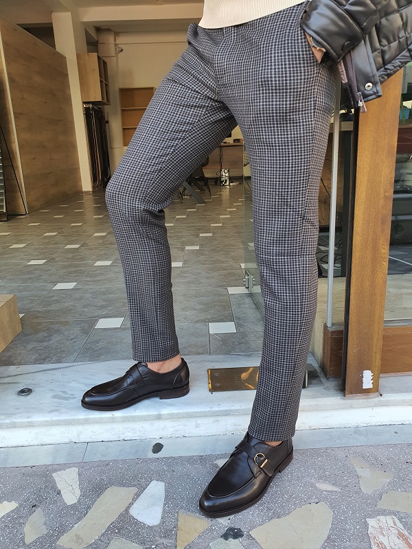 Brown Slim Fit Plaid Pants for Men by GentWith.com with Free Worldwide Shipping
