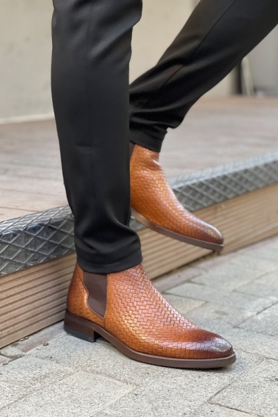 Brown Woven Leather Chelsea Boots for Men by GentWith.com with Free Worldwide Shipping