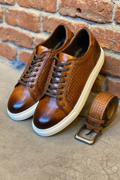 Brown Woven Leather Low-Top Sneakers for Men by GentWith.com with Free Worldwide Shipping