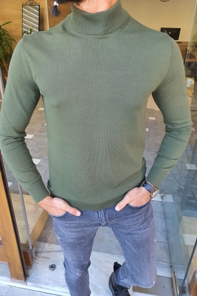 Green Slim Fit Mock Turtleneck Sweater for Men by GentWith.com with Free Worldwide Shipping