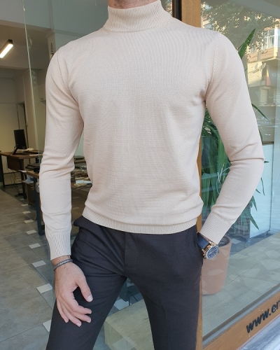 Light Beige Slim Fit Mock Turtleneck Sweater for Men by GentWith.com with Free Worldwide Shipping