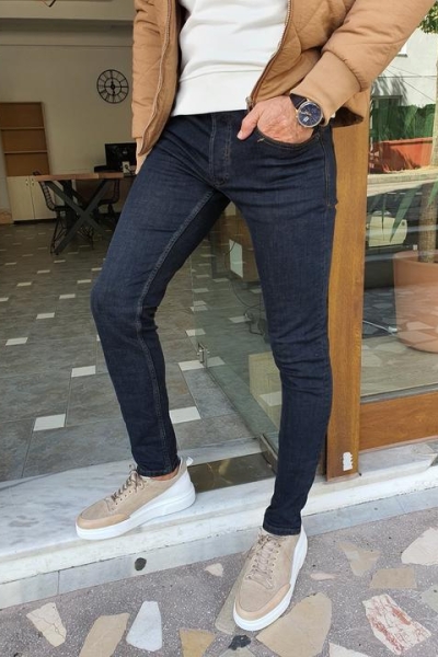 Navy Blue Slim Fit Jeans for Men by GentWith.com with Free Worldwide Shipping