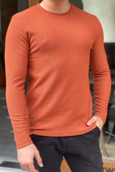 Orange Slim Fit Round Neck Sweater for Men by GentWith.com with Free Worldwide Shipping