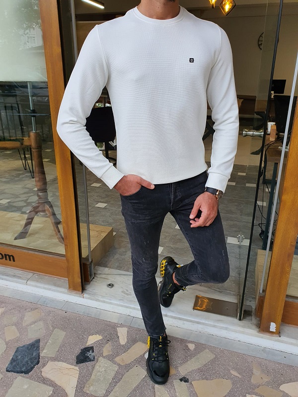 White Slim Fit Crew Neck Sweater for Men by GentWith.com with Free Worldwide Shipping