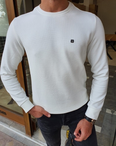 White Slim Fit Crew Neck Sweater for Men by GentWith.com with Free Worldwide Shipping