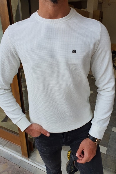 White Slim Fit Crew Neck Sweater for Men by GentWith.com with Free Worldwide Shipping