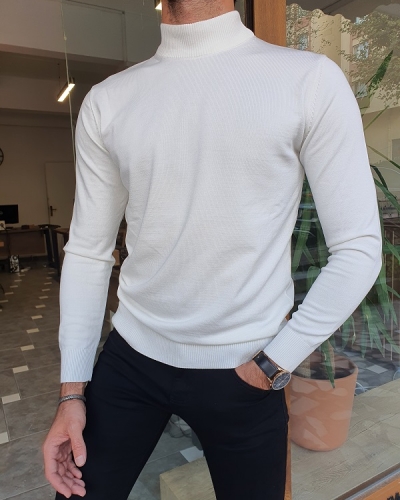 White Slim Fit Mock Turtleneck Sweater for Men by GentWith.com with Free Worldwide Shipping