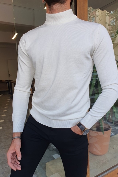 White Slim Fit Mock Turtleneck Sweater for Men by GentWith.com with Free Worldwide Shipping