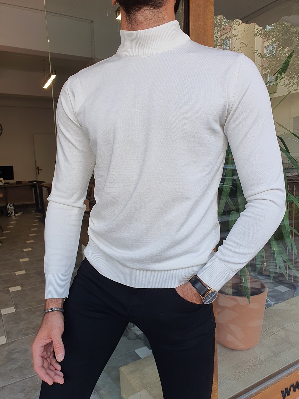 GentWith Edmond White Slim Fit Mock Turtleneck Sweater 