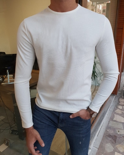 White Slim Fit Round Neck Sweater for Men by GentWith.com with Free Worldwide Shipping