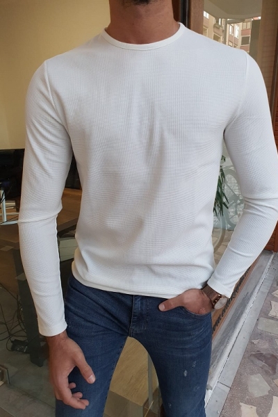 White Slim Fit Round Neck Sweater for Men by GentWith.com with Free Worldwide Shipping