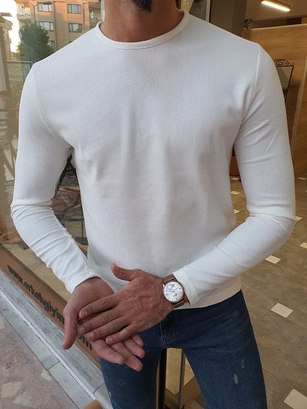 White Slim Fit Round Neck Sweater by GentWith.com