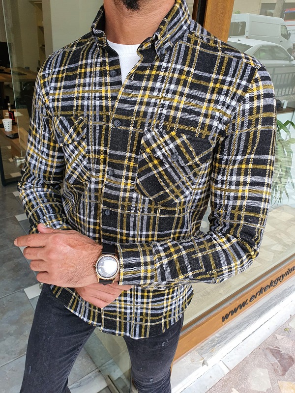 Yellow Slim Fit Long Sleeve Cotton Plaid Shirt for Men by GentWith.com