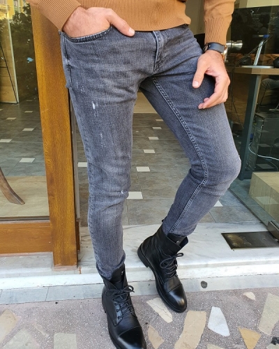 Black Slim Fit Ripped Jeans for Men by GentWith.com with Free Worldwide Shipping