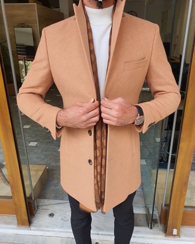 Brown Slim Fit Single Breasted Long Coat for Men by GentWith.com with Free Worldwide Shipping