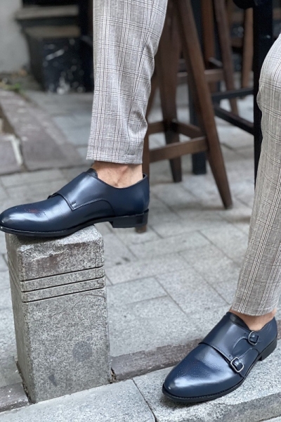 Navy Blue Double Monk Strap for Men by GentWith.com with Free Worldwide Shipping