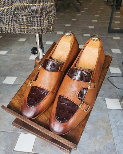 Tan Double Monk Strap Loafers for Men by GentWith.com with Free Worldwide Shipping