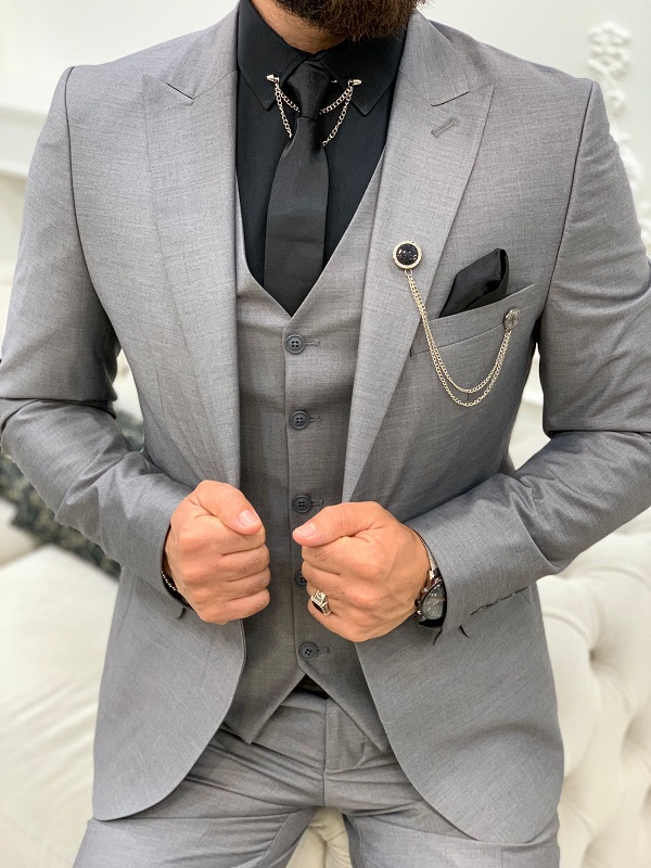 Gray Slim Fit Peak Lapel Suit By Worldwide Shipping