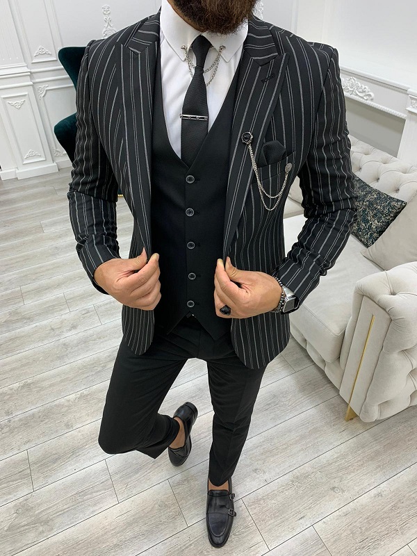 Black Slim Fit Peak Lapel Striped Suit for Men by GentWith.com with Free Worldwide Shipping
