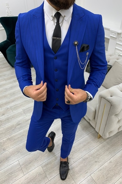 Blue Slim Fit Peak Lapel Striped Suit for Men by GentWith.com with Free Worldwide Shipping