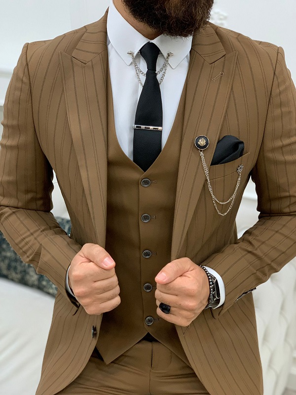 Brown Slim Fit Peak Lapel Striped Suit for Men by GentWith.com with Free Worldwide Shipping