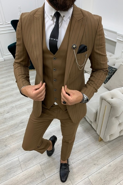 Brown Slim Fit Peak Lapel Striped Suit for Men by GentWith.com with Free Worldwide Shipping