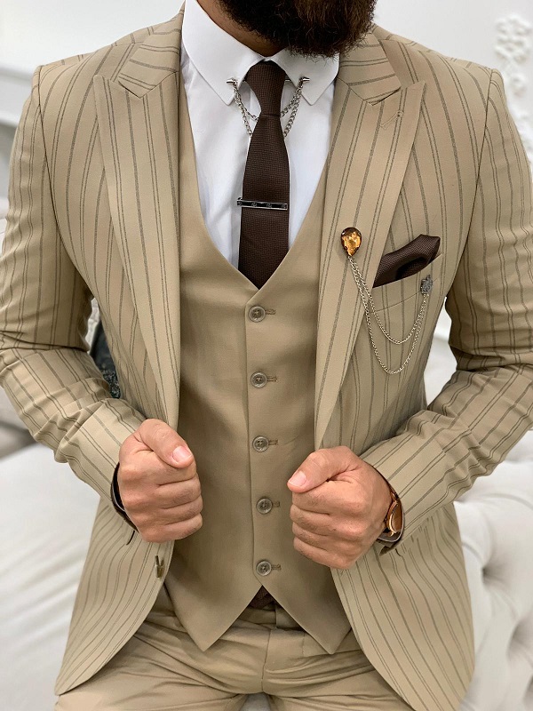 Cream Slim Fit Peak Lapel Striped Suit for Men by GentWith.com with Free Worldwide Shipping