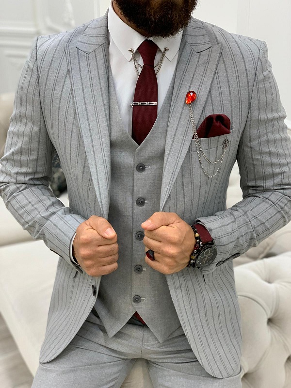 Gray Slim Fit Peak Lapel Striped Suit for Men by GentWith.com with Free Worldwide Shipping