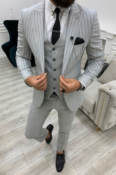 Gray Slim Fit Peak Lapel Striped Suit for Men by GentWith.com with Free Worldwide Shipping